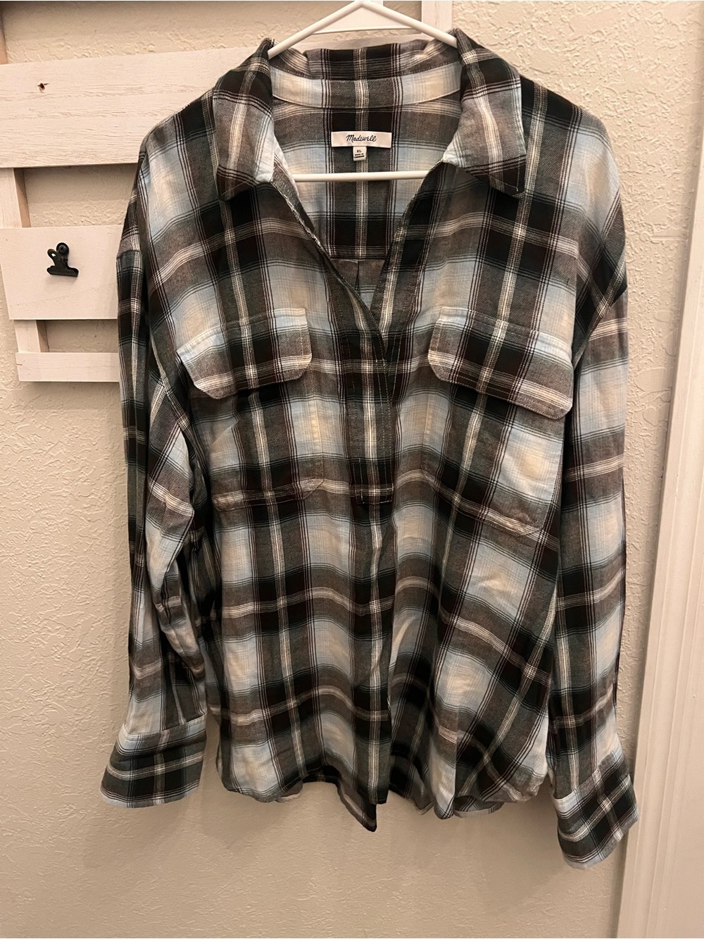 Madewell Plaid Popover Blouse XL Blue Gray Black Long Sleeve Lightweight Shirt